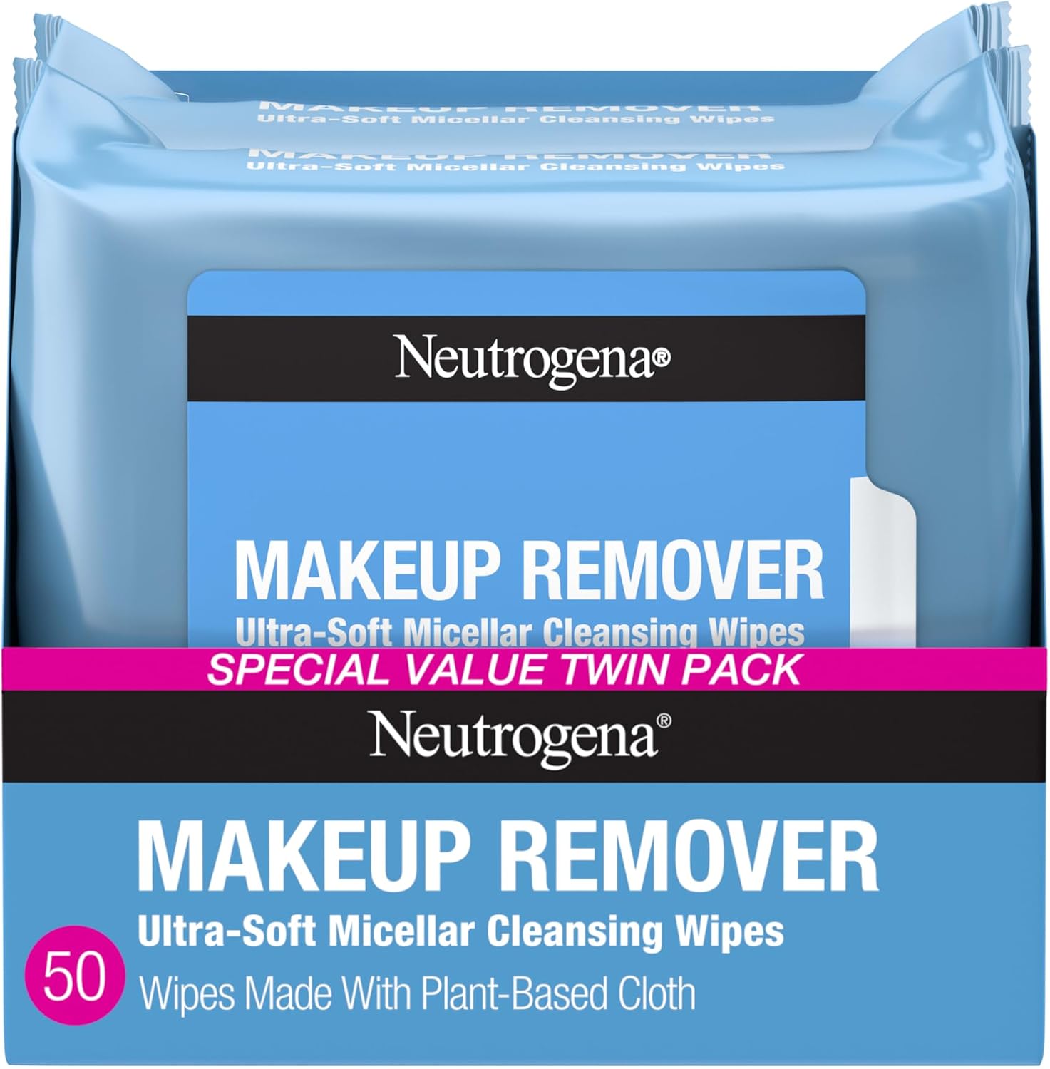 Neutrogena Makeup Remover Micellar Wipes for Face Daily Gently Removes Oil Dirt and Waterproof Makeup in a Simple Fully Plant-Based Cloth, 2 pack of 25 ct